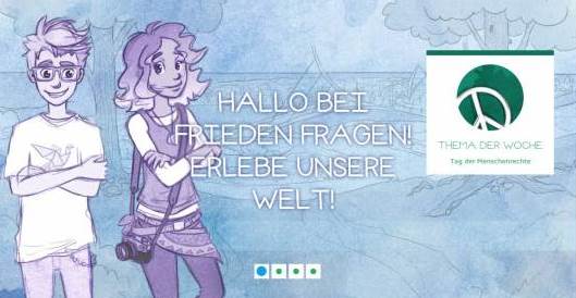 Screenshot von frieden-fragen.de mit zwei gezeichneten Kindern