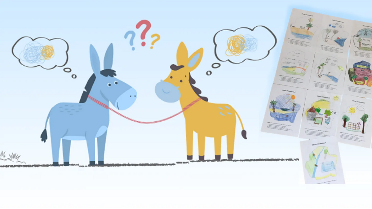 Die beiden Esel Krawalla und Rabatzi haben Streit. Grafik: Larissa Berner | Servicestelle Friedensbildung 