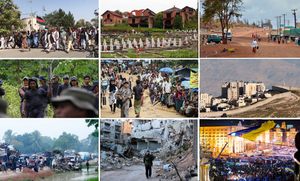 Konfliktanalysen aus friedenspädagogischer Sicht: Afghanistan, Bosnien, Nahost, Kenia, Kolumbien, Myanmar, Sri Lanka, Syrien, Ukraine | Foto-Collage Serviceestelle Friedensbildung BW