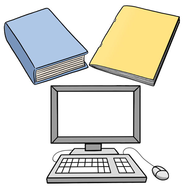 Grafik: Ein Buch, eine Zeitschrift und ein Computer mit Tastatur und Maus Grafik: Ein Buch, eine Zeitschrift und ein Computer mit Tastatur und Maus
