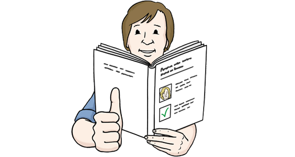 Grafik: Ein Mann mit Buch, der den Daumen hoch hält. Grafik: Ein Mann mit Buch, der den Daumen hoch hält.