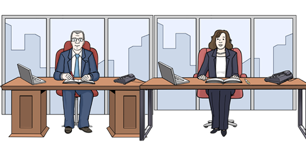 Der Direktor und die Direktorin sitzen an ihrem Schreibtisch Der Direktor und die Direktorin sitzen an ihrem Schreibtisch