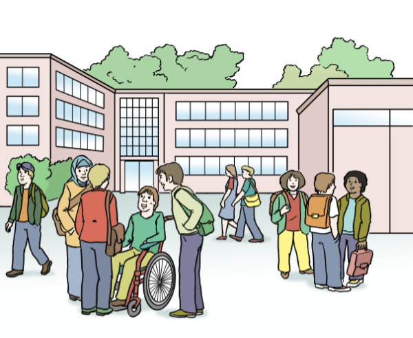 Grafik: Schüler vor der Schule