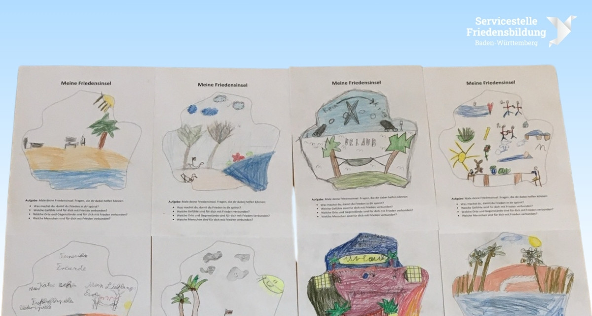 Abbildung gestalteter Friedensinseln aus dem Workshop "Eisberg voraus!". Bild: Servicestelle Friedensbildung Abbildung gestalteter Friedensinseln aus dem Workshop "Eisberg voraus!". Bild: Servicestelle Friedensbildung