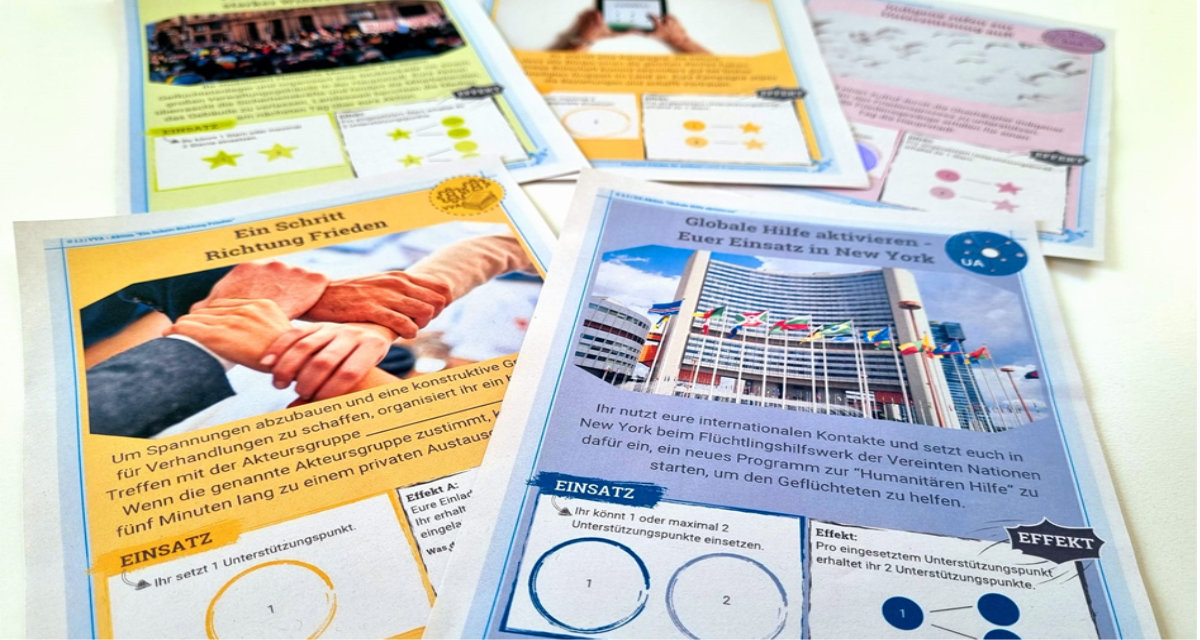 Aktionskarten der Akteursgruppen der Friedenskonferenz im Planspiel. Foto: Servicestelle Friedensbildung Aktionskarten der Akteursgruppen der Friedenskonferenz im Planspiel. Foto: Servicestelle Friedensbildung