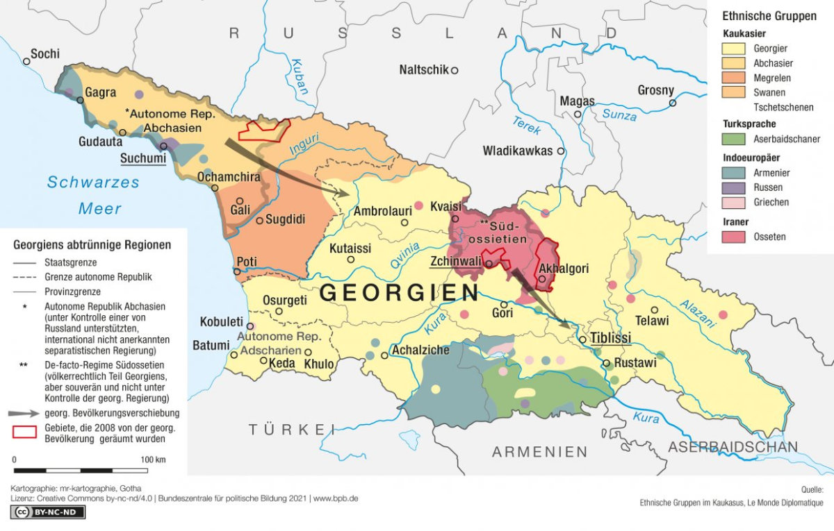 Karte Georgien und die abtrünnigen Regionen Abchasien und Südossetien | Bundeszentrale für politische Bildung | mr-kartographie | cc by-nc-nd/4.0/deed.de Karte Georgien und die abtrünnigen Regionen Abchasien und Südossetien | Bundeszentrale für politische Bildung | mr-kartographie | cc by-nc-nd/4.0/deed.de
