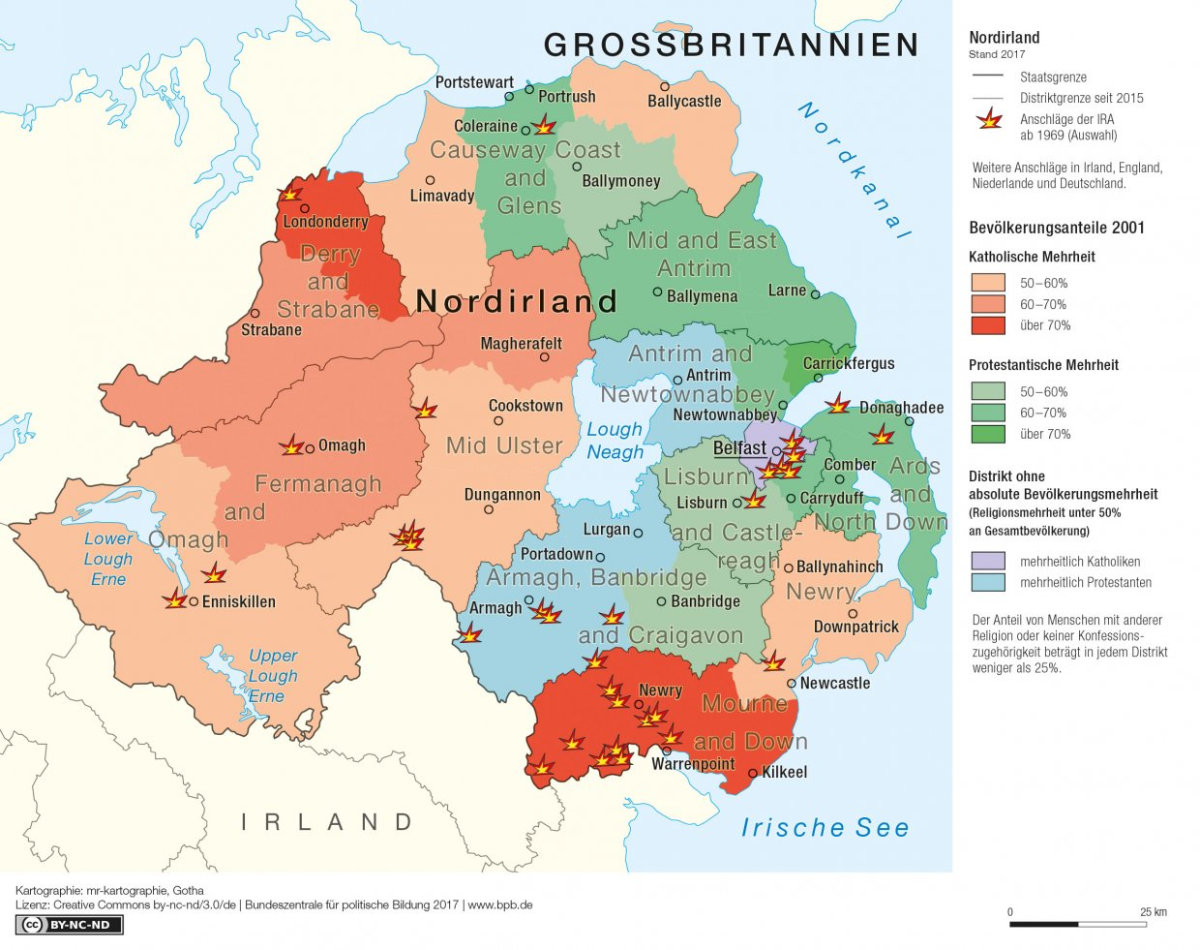 Bevölkerungszusammensetzung in Nordirland 2001 - Katholik:innen und Protestant:innen | mr-kartographie / bpb.de | cc by-nc-nd/3.0/de/ Bevölkerungszusammensetzung in Nordirland 2001 - Katholik:innen und Protestant:innen | mr-kartographie / bpb.de | cc by-nc-nd/3.0/de/