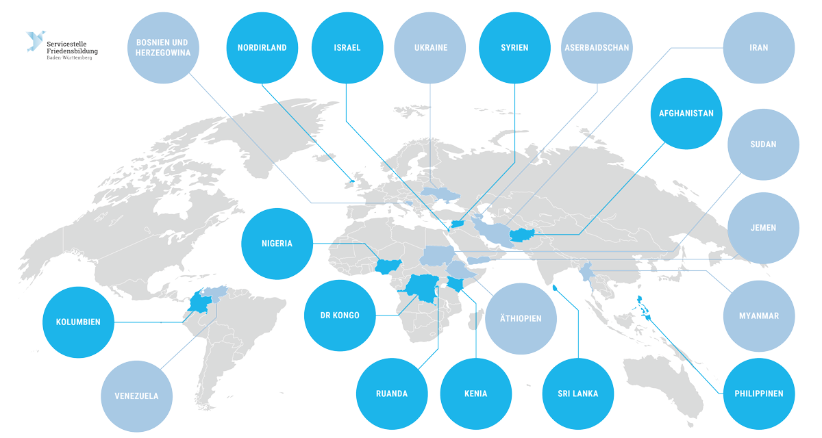 Weltkarte zeigt Übersicht jener bewaffneten Konflikte und Kriege, für die wir Konfliktanalysen mit Friedensfokus anbieten. | Servicestelle Friedensbildung