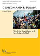 Titelbild der Zeitschrift "Deutschland & Europa" - Flüchtlinge, Asyldebatte und Fremdenfeindlichkeit. Bild aus einem Lager für Geflüchtete.