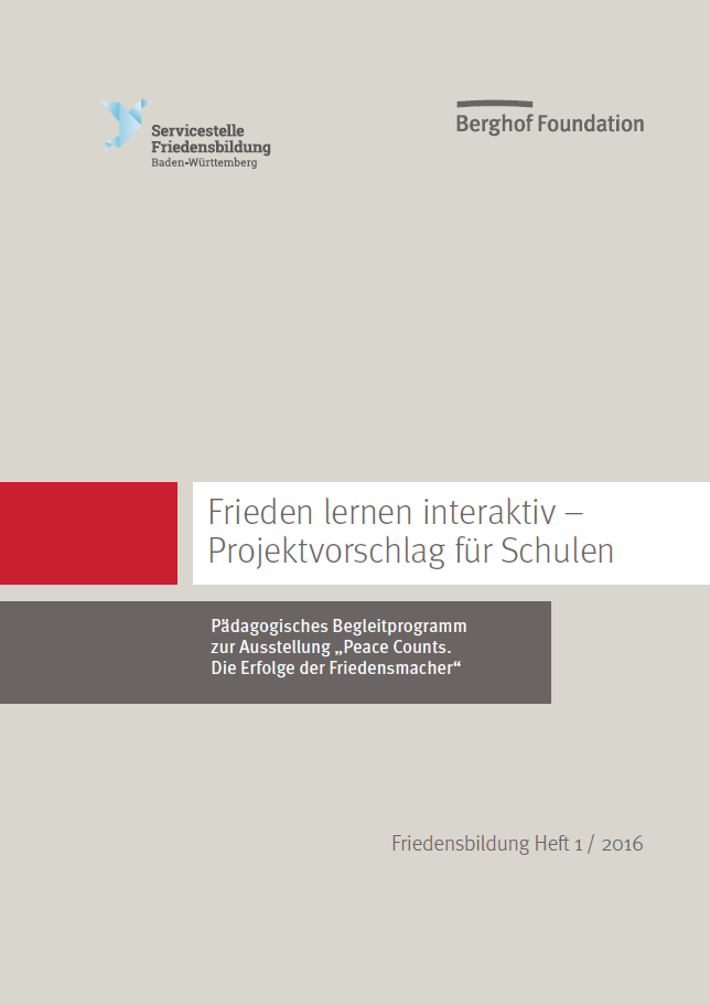 Titelbild der Publikation Frieden lernen interaktiv – Projektvorschlag für Schulen in den Farben der Berghof Foundation.