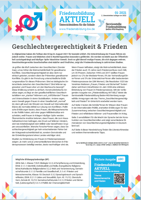Arbeitsblatt „Geschlechtergerechtigkeit und Frieden." Servicestelle Friedensbildung BW, Neuauflage 2022