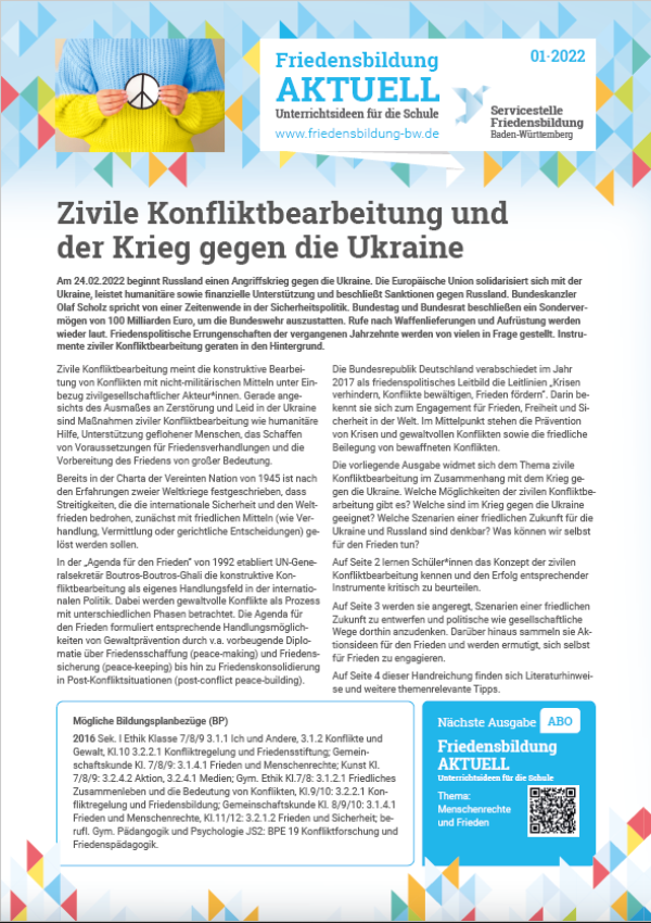 Arbeitsblatt „Zivile Konfliktbearbeitung und der Krieg gegen die Ukraine" Servicestelle Friedensbildung BW, 2022