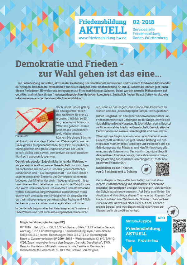 Arbeitsblatt „Demokratie und Frieden". Servicestelle Friedensbildung BW, 2018 Arbeitsblatt „Demokratie und Frieden". Servicestelle Friedensbildung BW, 2018